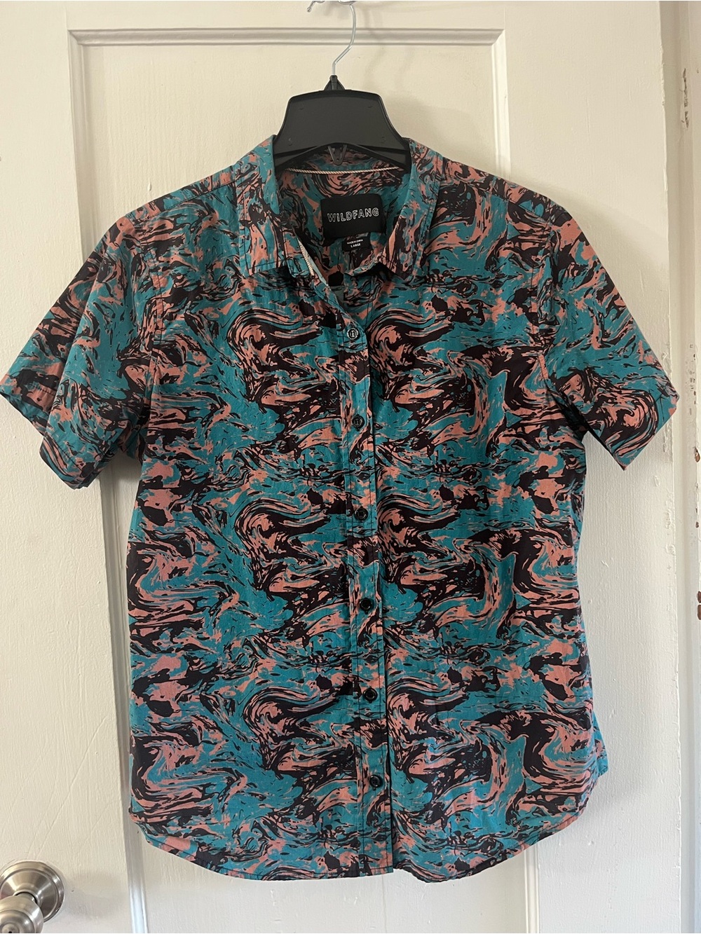 Wildfang The Essential Short Sleeve Button Up Teal Pink Swirl Shirt L